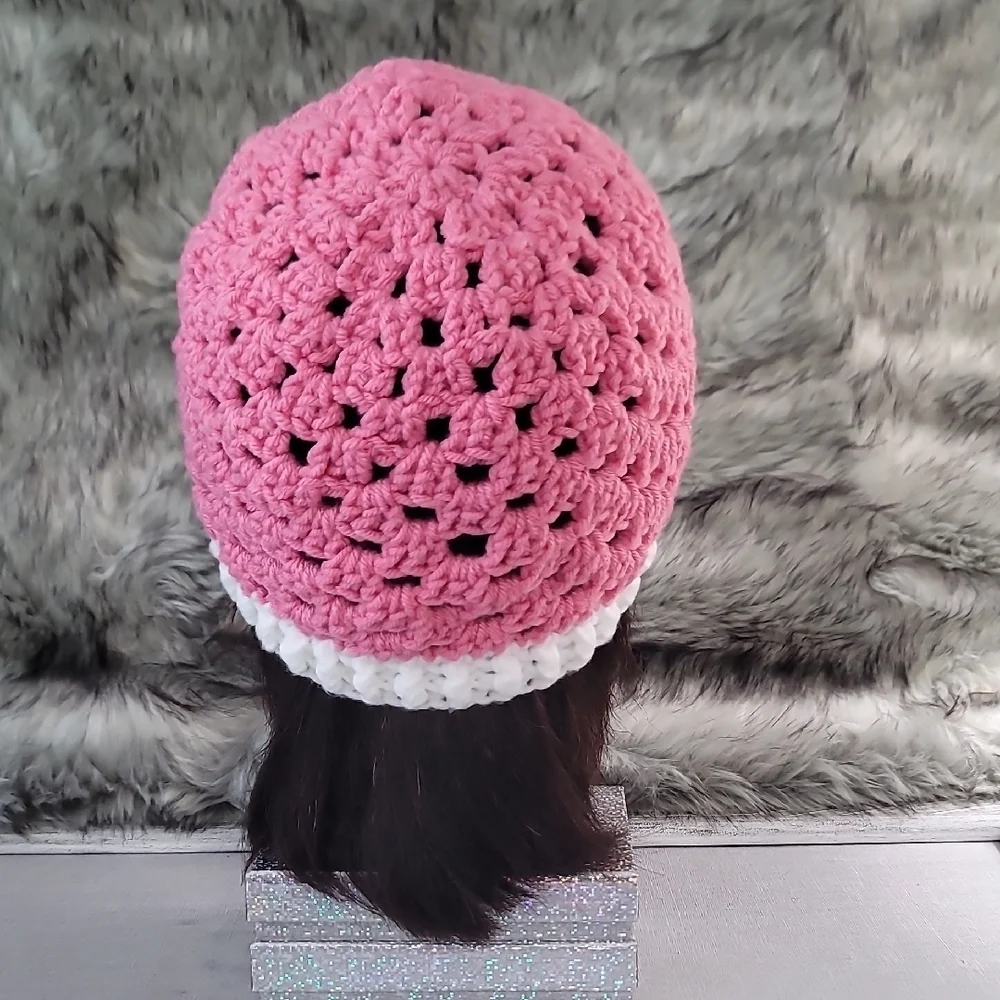 Chic Pink and White Crochet Beanie